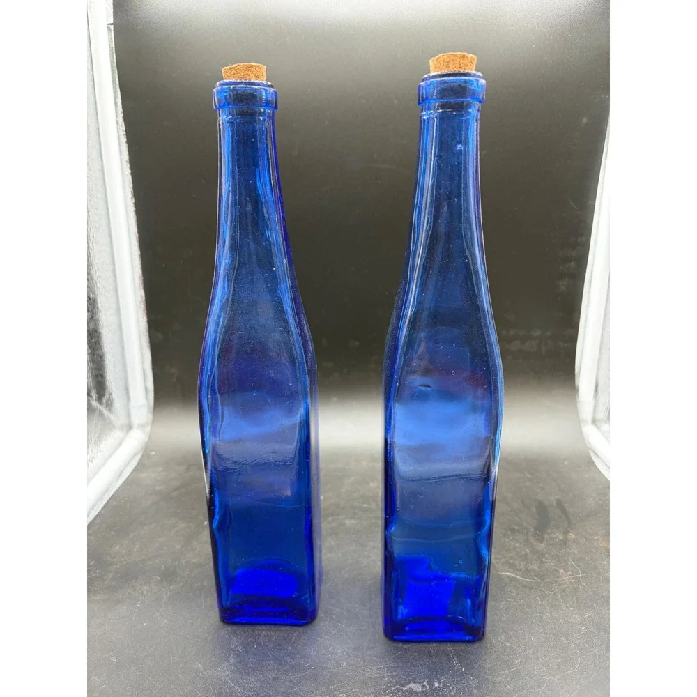 Vintage Cobalt Blue‎ Glass Bottles with Cork Stoppers Square Base Set of 2